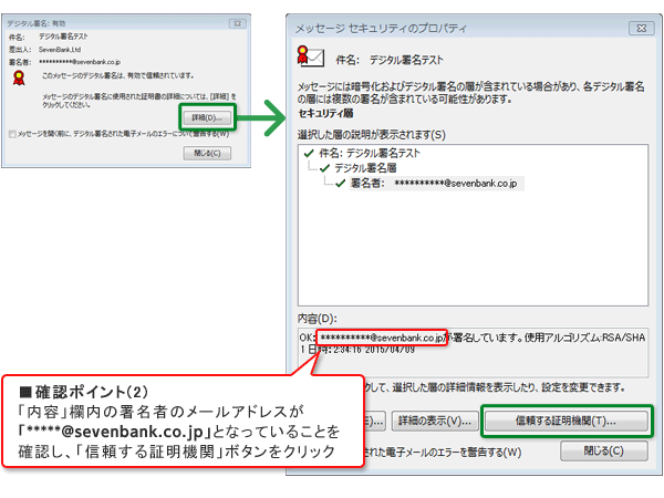 ■確認ポイント(2) 「内容」欄内の署名者のメールアドレスが「*****@sevenbank.co.jp」 となっていることを確認し、「信頼する証明機関」ボタンをクリック