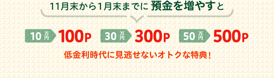 11月末から1月末までに預金を増やすと 10万円→100P 30万円→300P 50万円→500P 低金利時代に見逃せないオトクな特典!