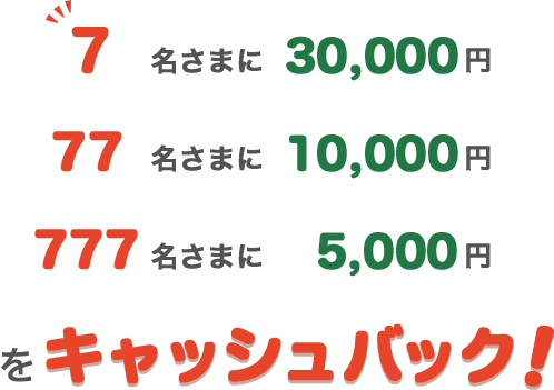 7名さまに30,000円、77名さまに10,000円、777名さまに5,000円をキャッシュバック！