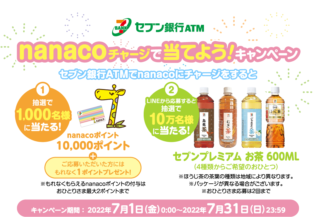 nanacoチャージで当てよう!キャンペーン キャンペーン期間 ：2022年7月1日（金）0:00～2022年7月31日（日）23:59