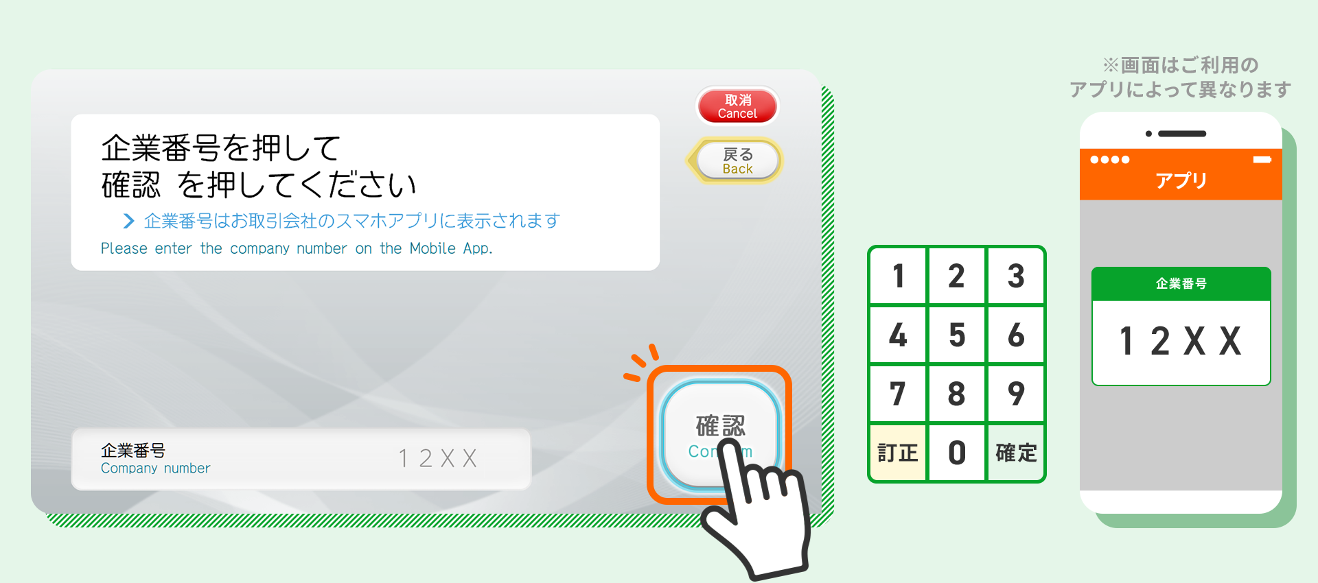 アプリに表示された「企業番号」をATM画面に入力し、ATM画面の「確認」ボタンをタッチ（利用イメージ）